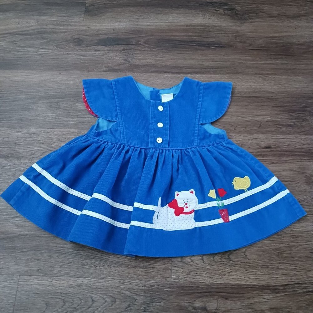 Vintage Blue Corduroy Dress‎ Size 24 months Cat Bird Flowers